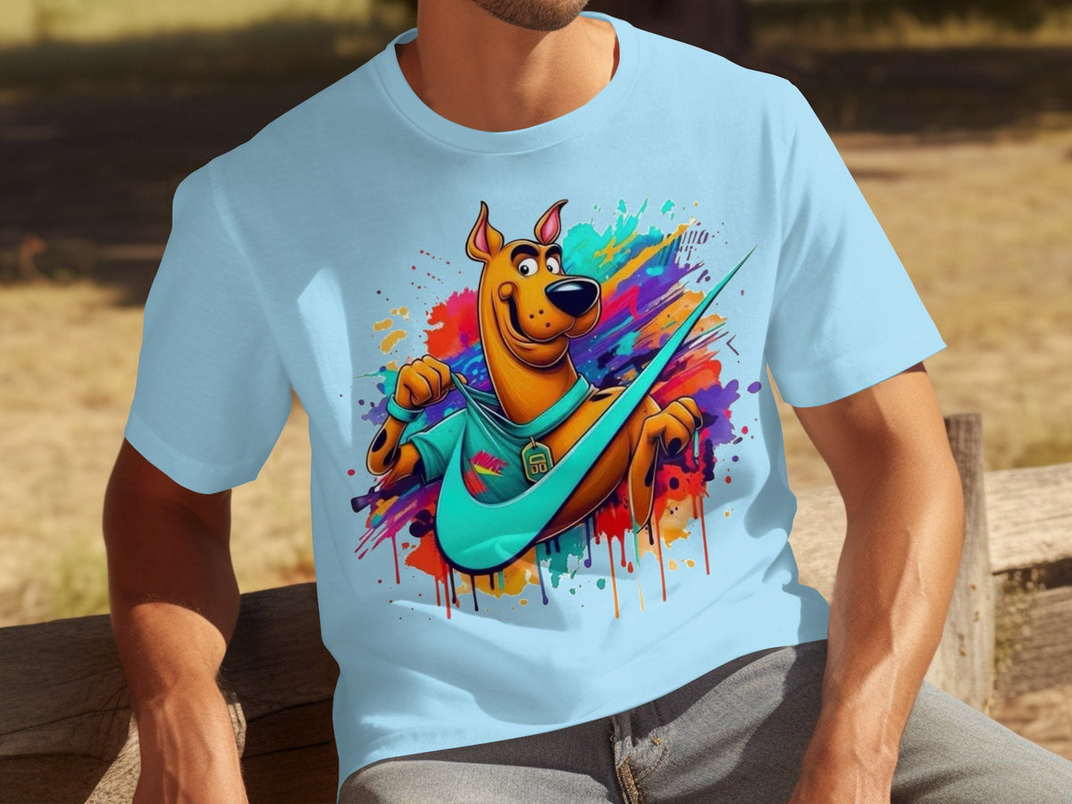 Colorful Cartoon Dog Graphic Teal T-Shirt for Adults