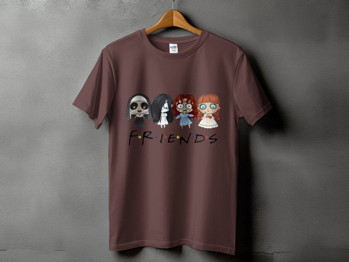 Brown t-shirt with horror characters and the word "FRIENDS" in colorful dots.