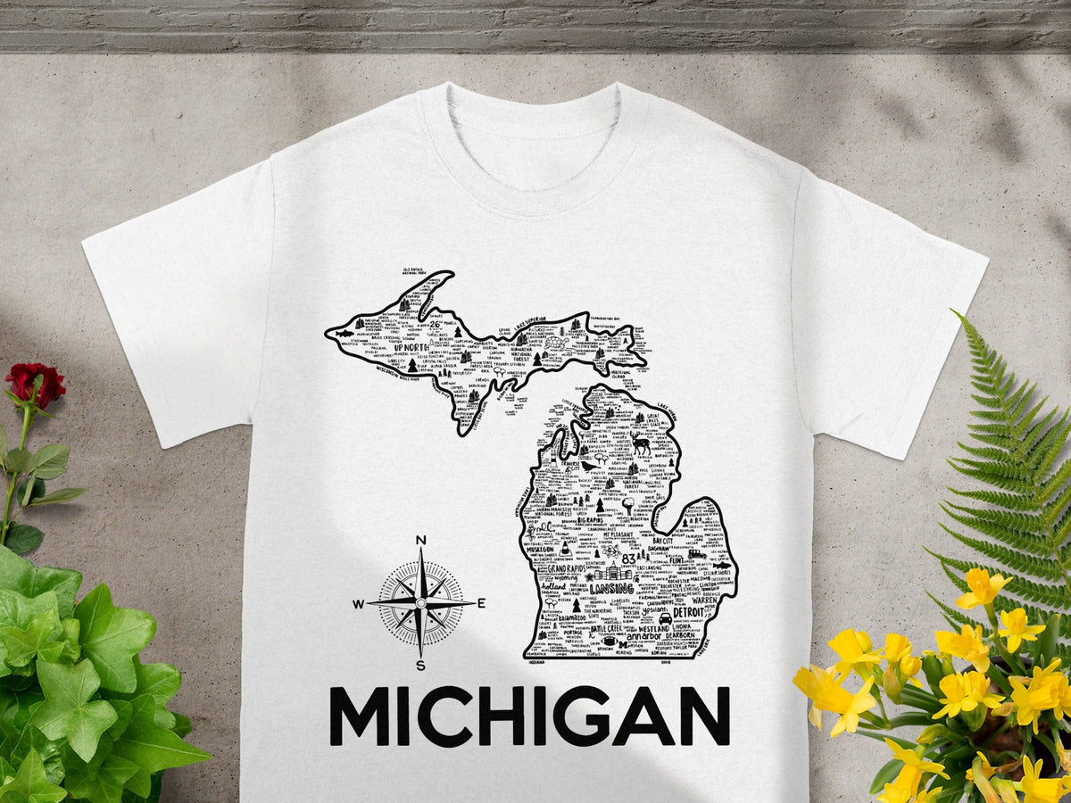 Michigan Map with Compass Design T-Shirt