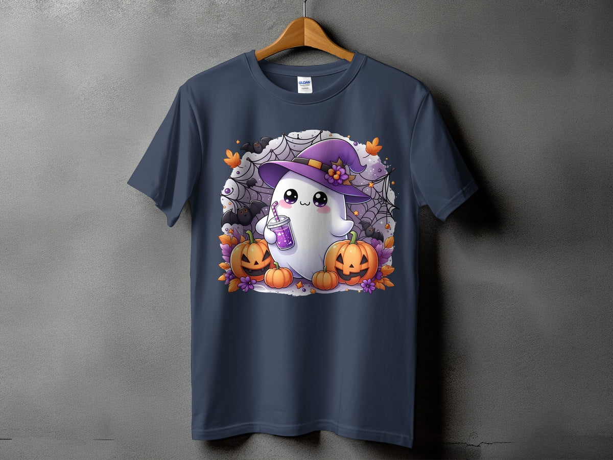 Cute Halloween ghost in witch hat with pumpkins, bats, and spiderwebs.