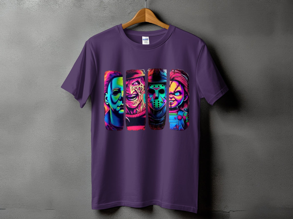 Purple t-shirt with four horror characters in vibrant colors.