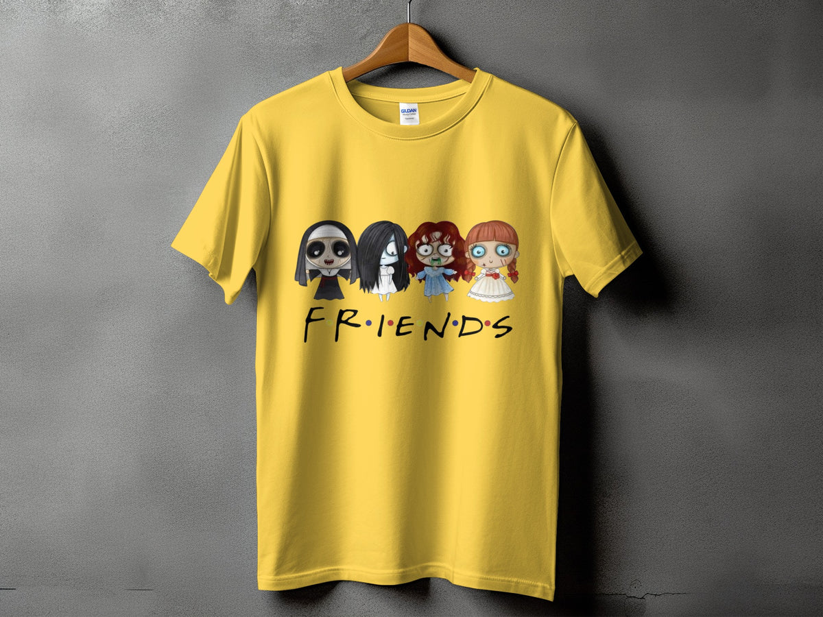 Yellow t-shirt with horror movie characters and "FRIENDS" logo.