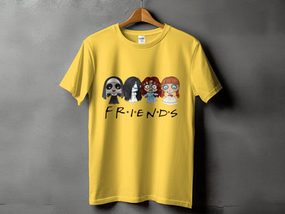 Yellow t-shirt with horror movie characters and "FRIENDS" logo.