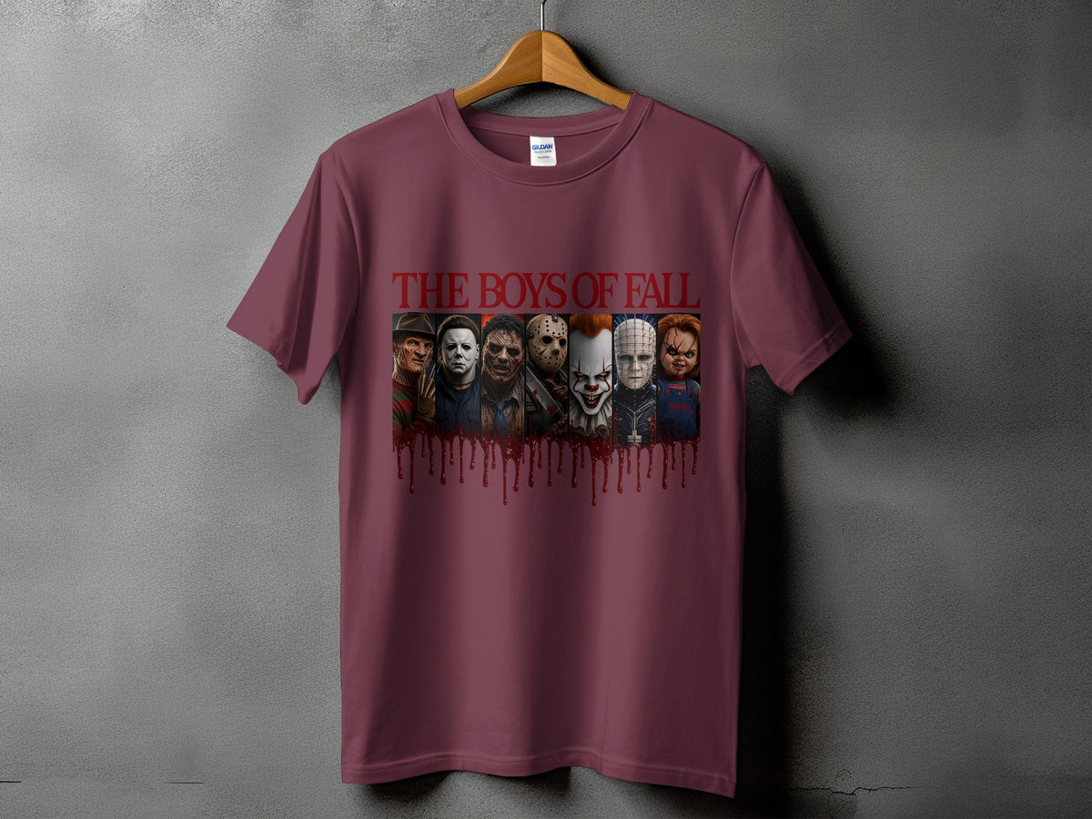 Maroon t-shirt with "THE BOYS OF FALL" and seven horror characters below dripping blood.