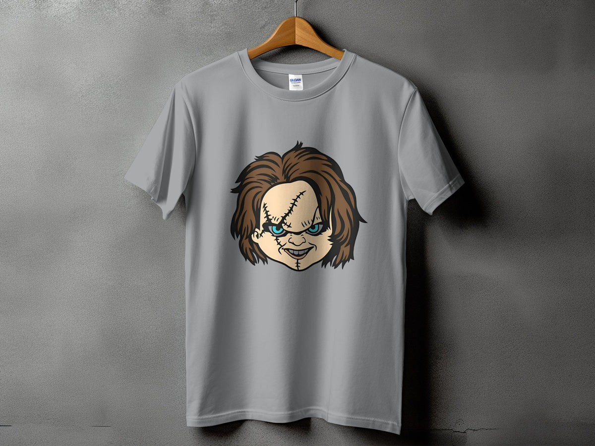 Grey t-shirt with Chucky doll face graphic on front.