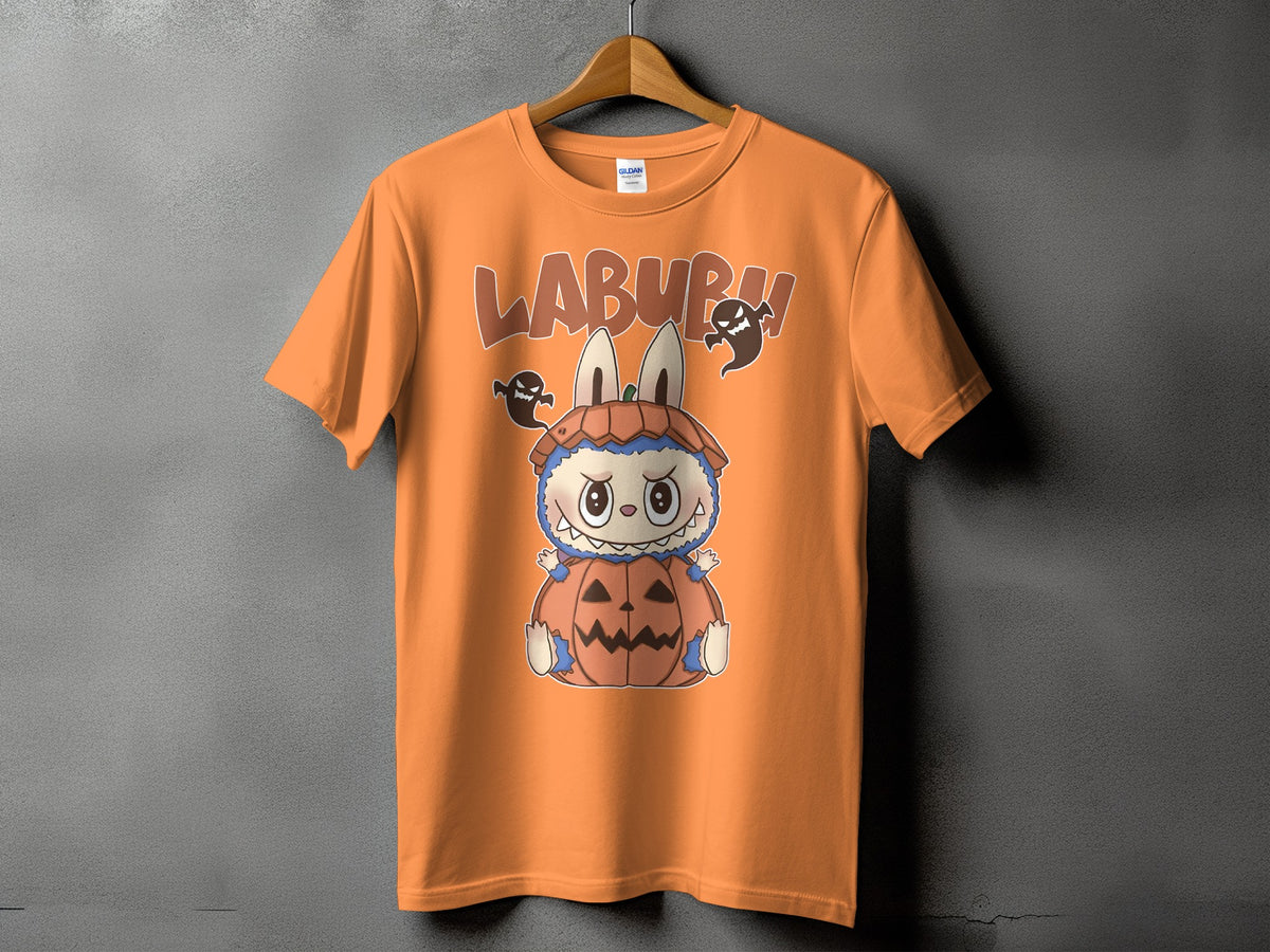 Orange t-shirt with "LABURR!" text and cartoon character in a pumpkin costume.