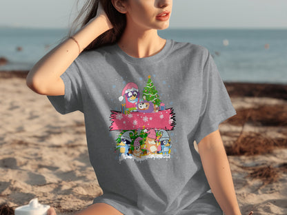 Cute Christmas Characters Beach Scene T-Shirt