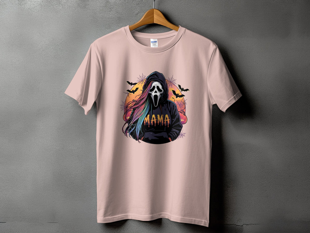 Pink t-shirt with ghostface wearing a hoodie with "MAMA" text.