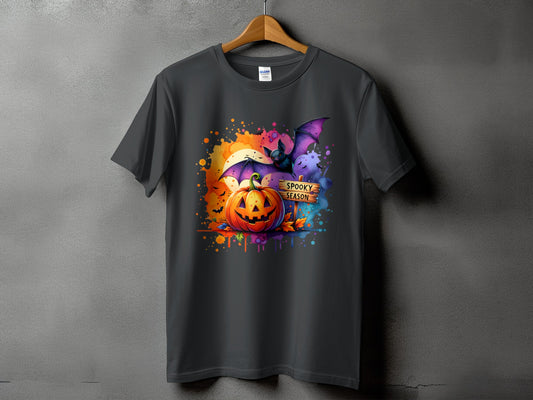 Halloween t-shirt with a jack-o'-lantern, bat, and "Spooky Season" sign.