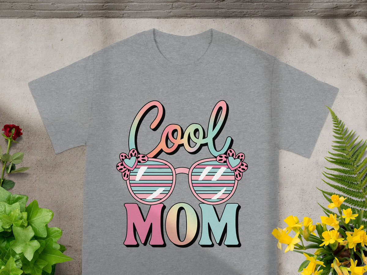 Grey t-shirt with colorful "Cool MOM" text and sunglasses graphic.