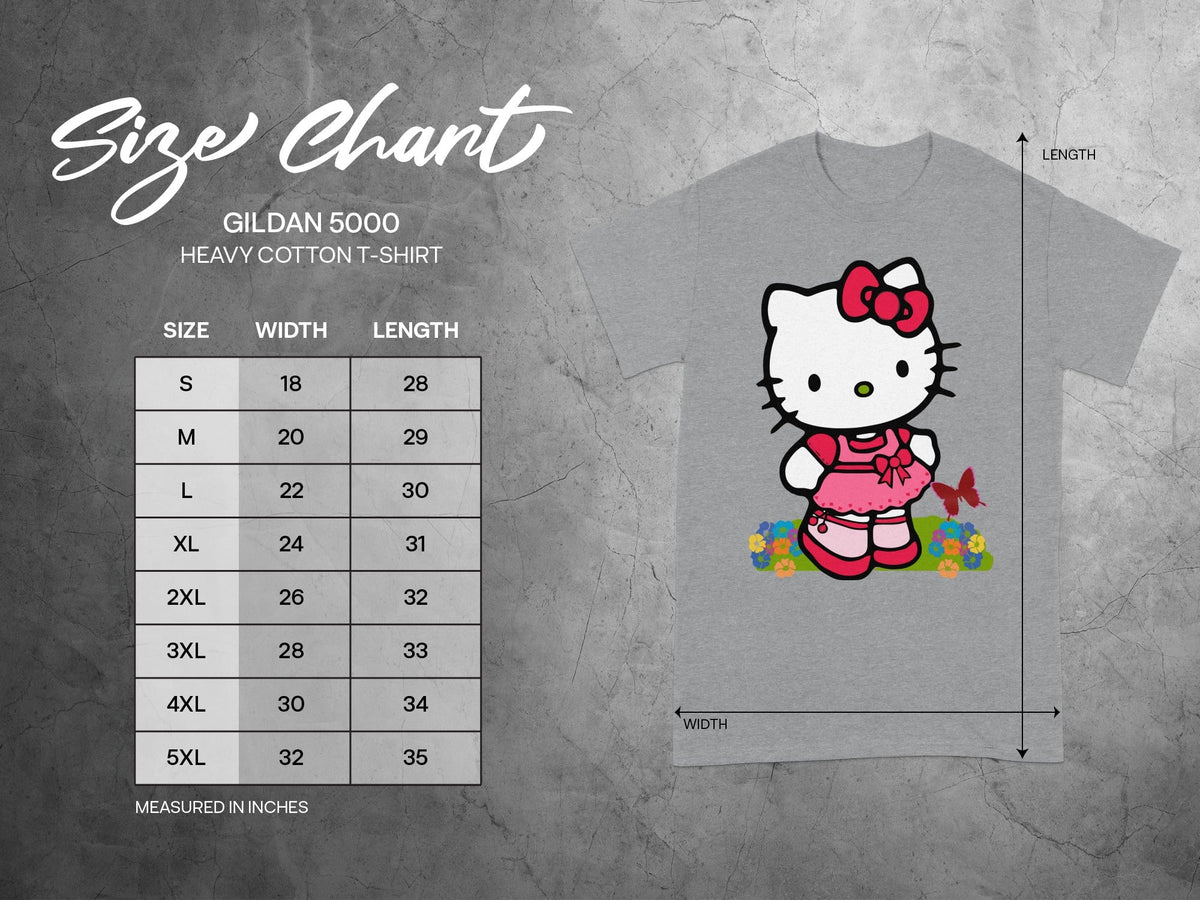 Gildan 5000 Size Chart Hello Kitty Design Measured IN INCHES product type