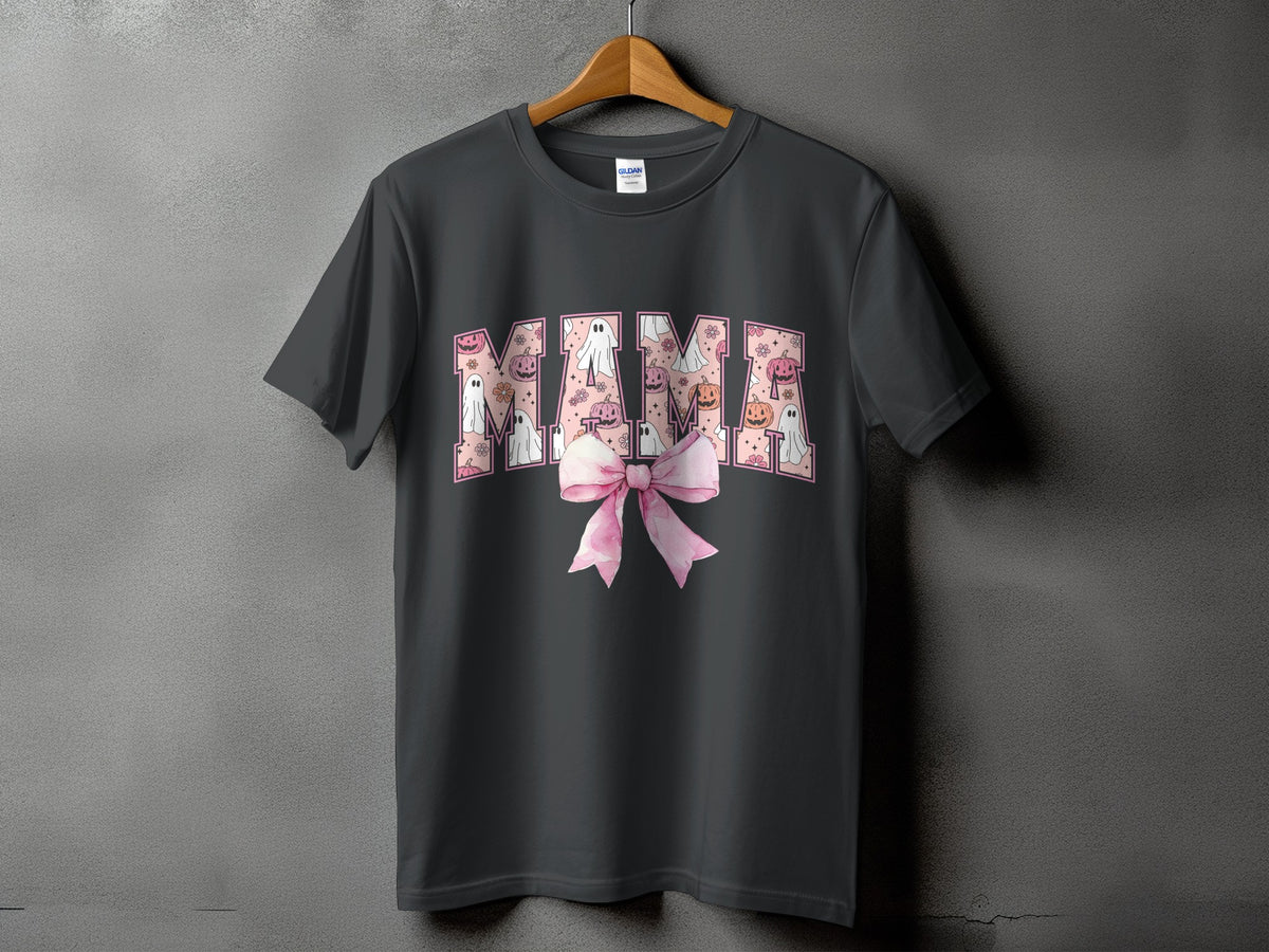Dark gray t-shirt with "MAMA" text filled with Halloween ghosts, pumpkins, and flowers.