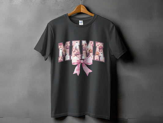 Dark gray t-shirt with "MAMA" text filled with Halloween ghosts, pumpkins, and flowers.