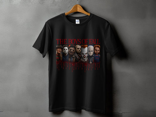 Black t-shirt with "THE BOYS OF FALL" text and horror characters dripping blood.