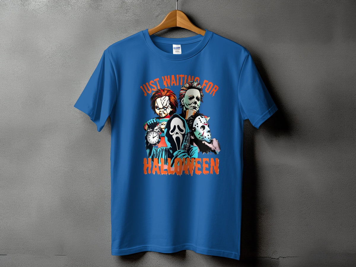 Blue t-shirt with horror characters and "Just Waiting For Halloween" text.