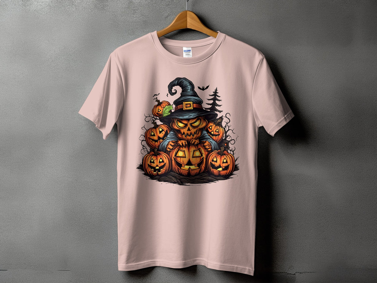 Halloween t-shirt with a creepy jack-o'-lantern character wearing a witch hat and surrounded by pumpkins.