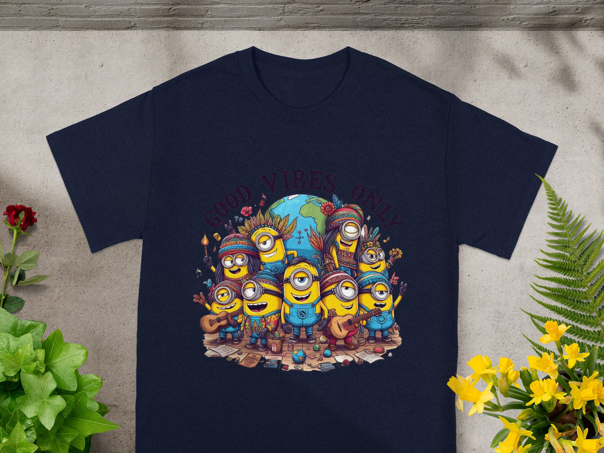 Minions wearing boho attire with a globe and "Good Vibes Only" text.