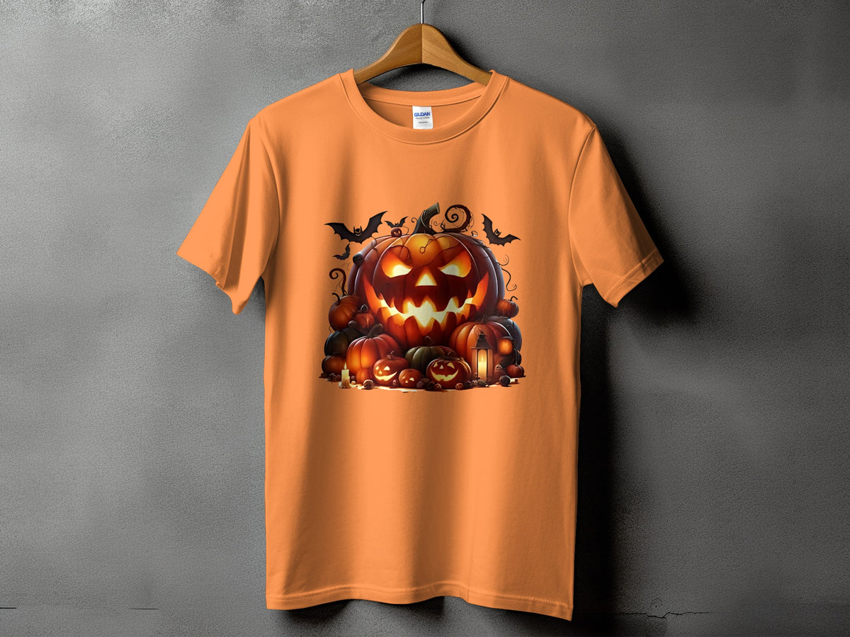 Orange t-shirt with a spooky Halloween pumpkin and bats graphic print.