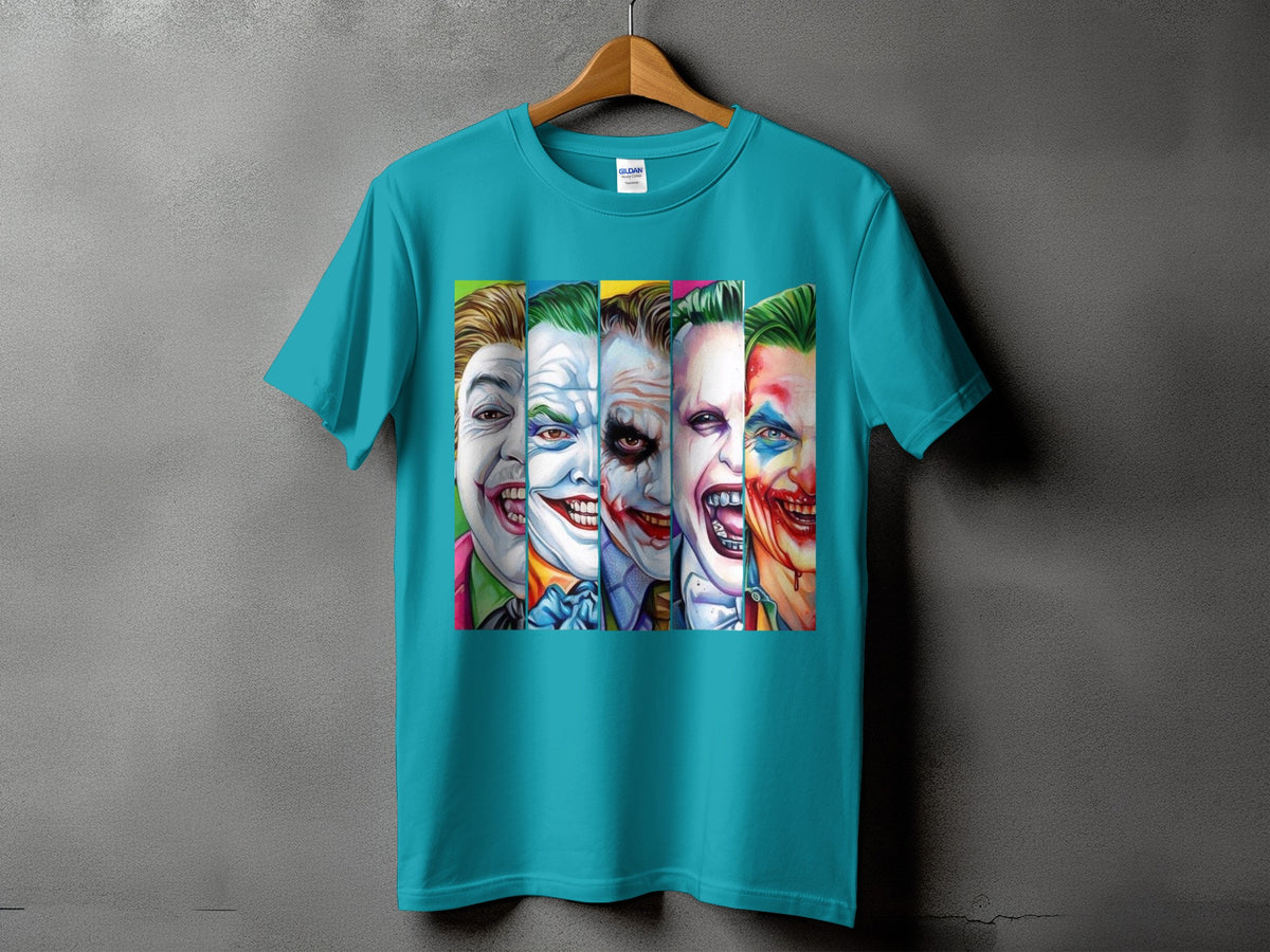 Turquoise t-shirt with five vertical panels of Joker faces in various iconic looks.
