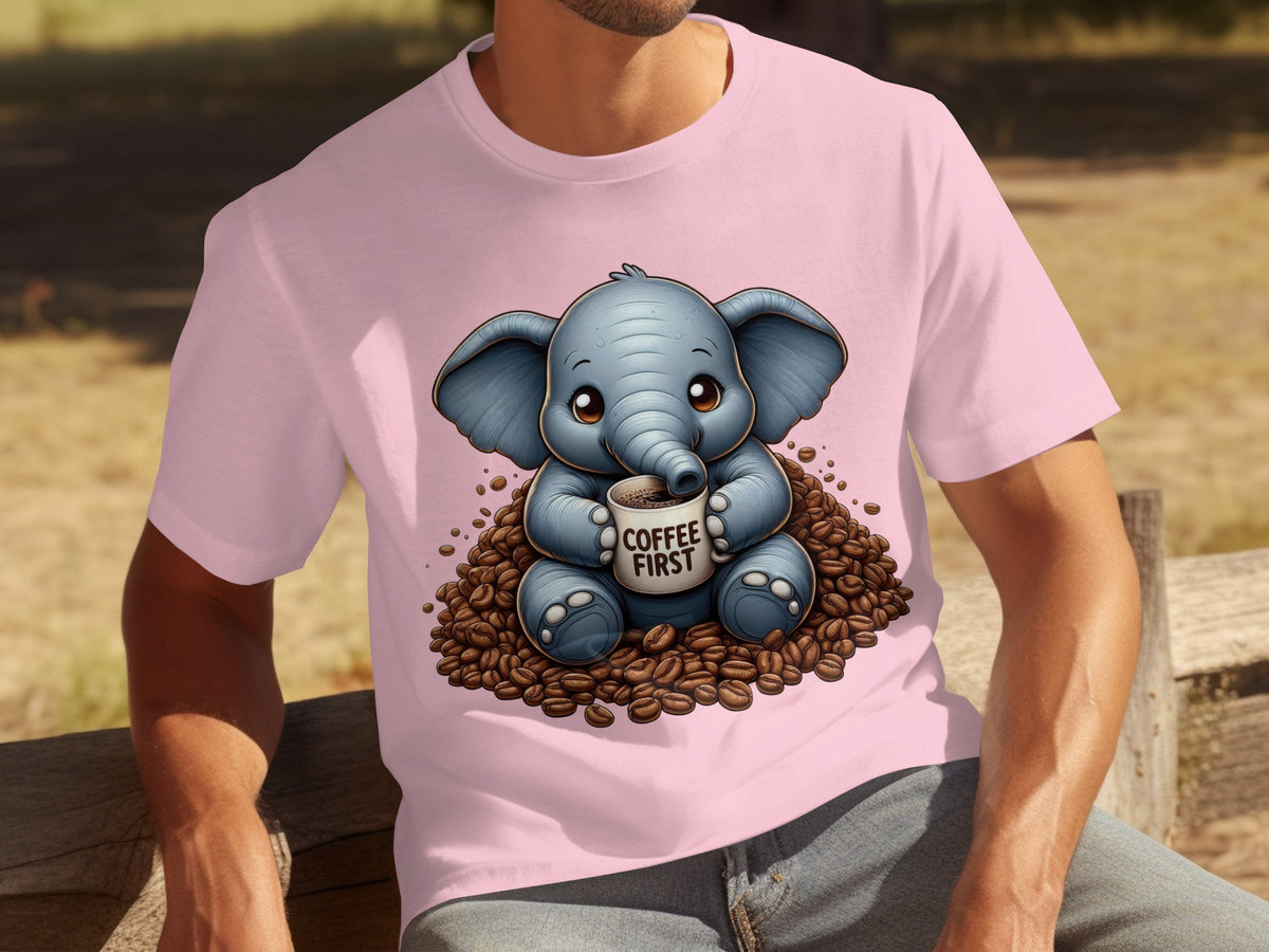 Cute Elephant Drinking Coffee First T-shirt Design