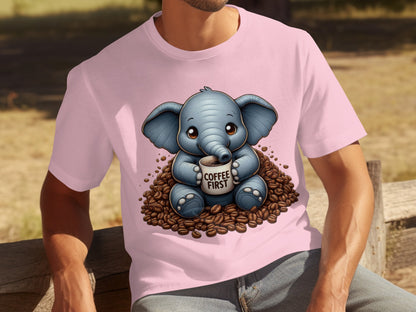 Cute Elephant Drinking Coffee First T-shirt Design