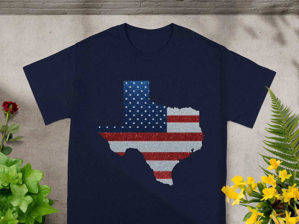Navy t-shirt with Texas shape filled with American flag pattern.