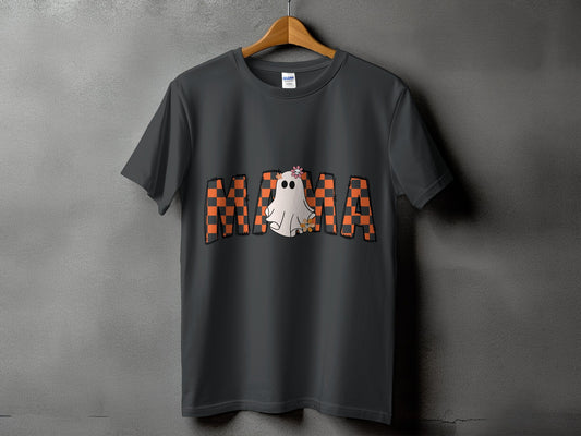 Dark grey t-shirt with "MAMA" text and a ghost graphic.