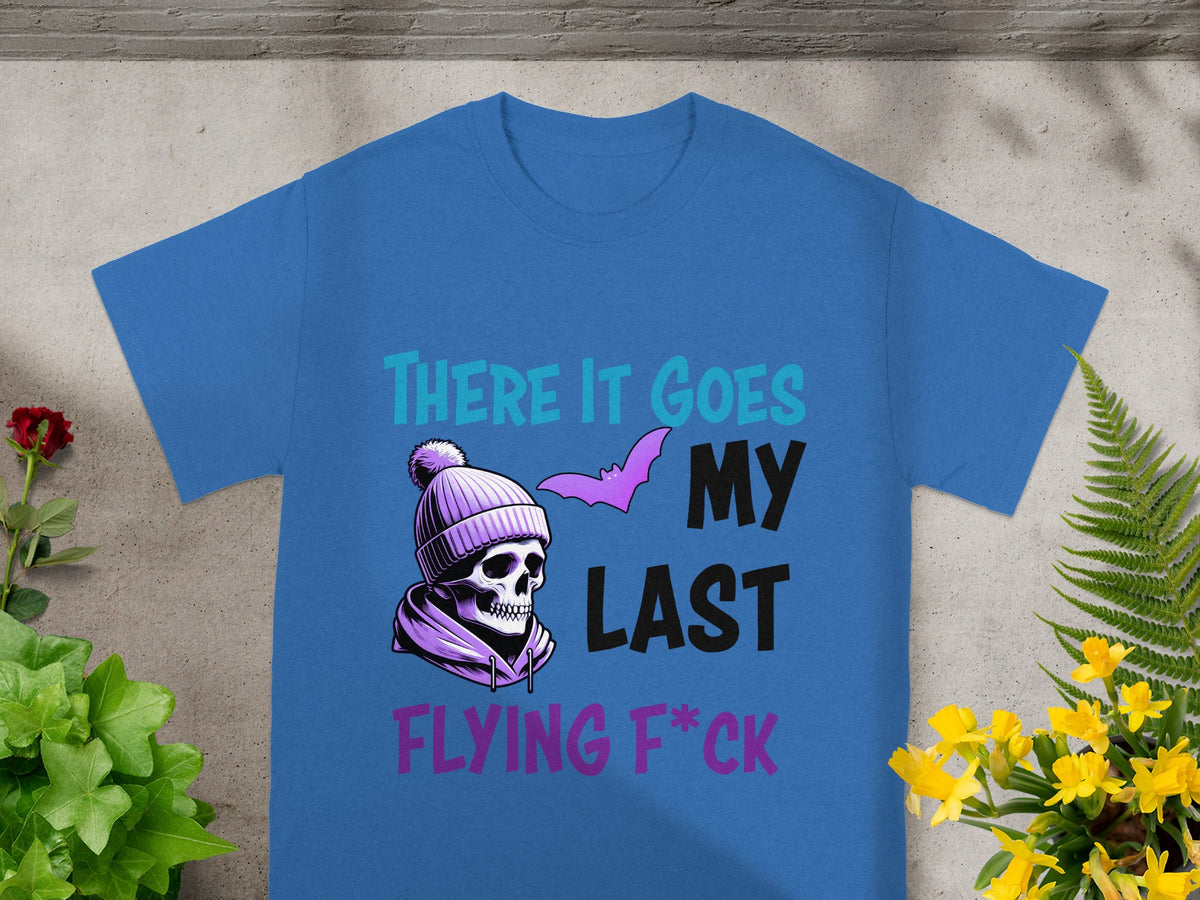 Blue t-shirt with skull, beanie, bat, and text "There it goes my last flying f*ck".