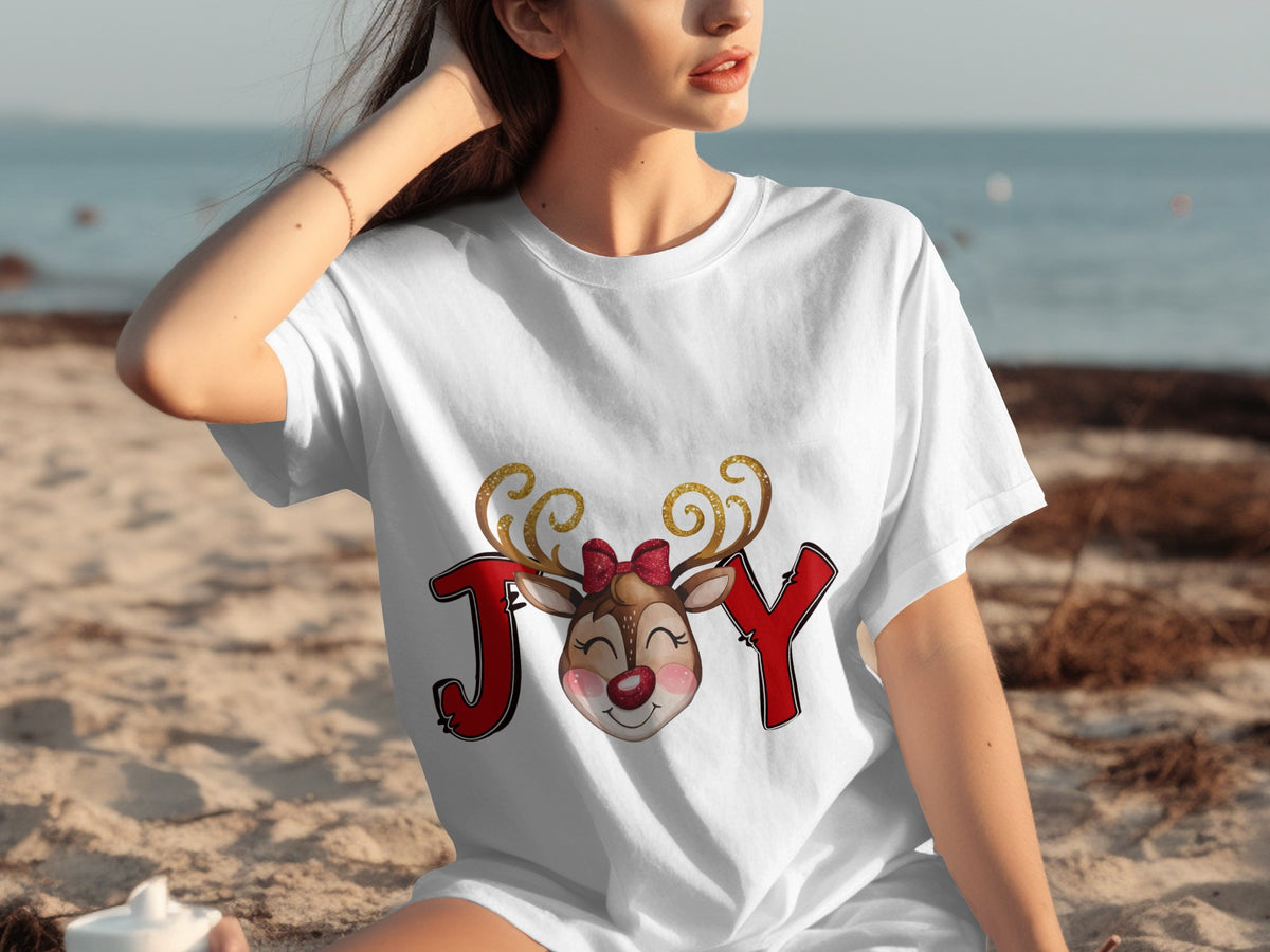 Joy Reindeer Holiday Design White T-Shirt Product