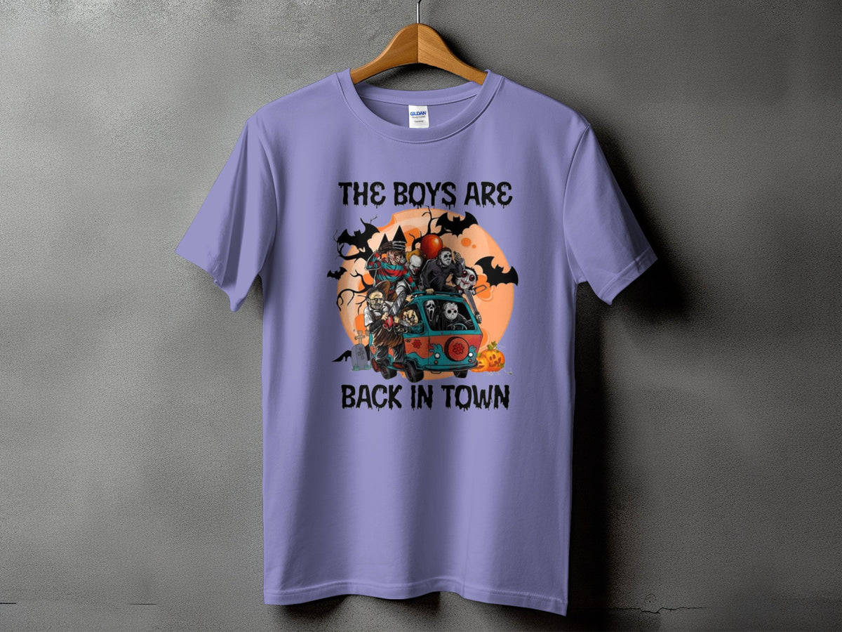 Purple t-shirt with "THE BOYS ARE BACK IN TOWN" text and horror characters in a van.
