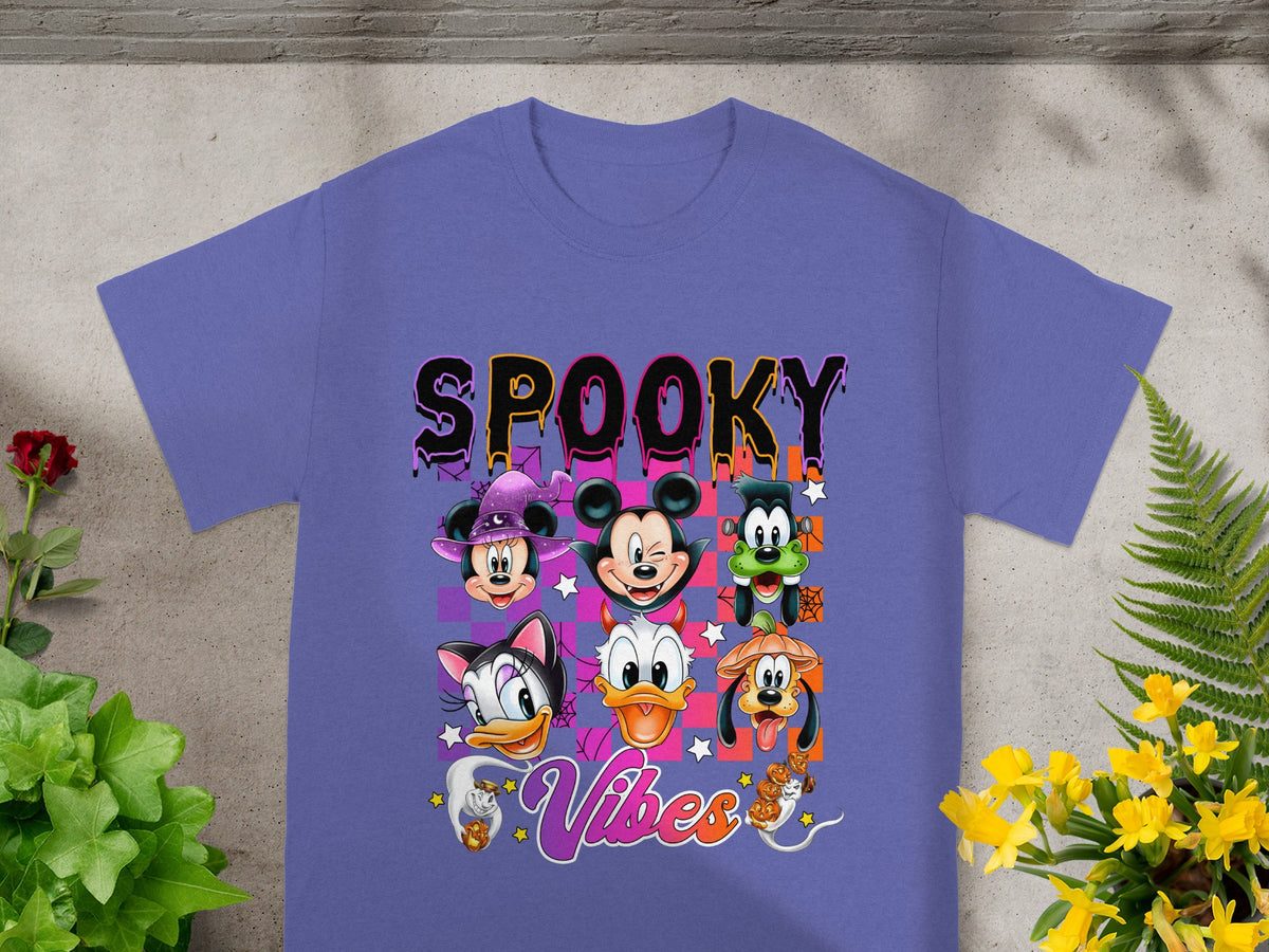 Purple t-shirt with "SPOOKY Vibes" text and Disney characters in Halloween costumes.