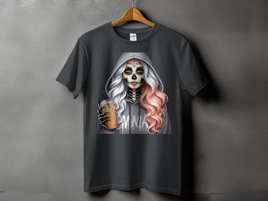 Dark gray t-shirt featuring a skeleton-faced woman in a gray hoodie holding a coffee drink.