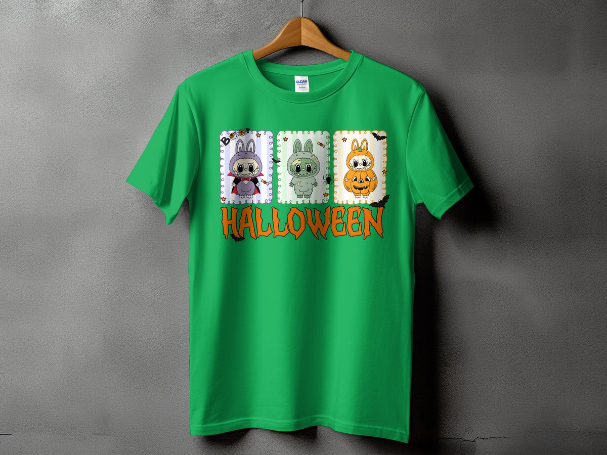 Green t-shirt with three cartoon characters and the word HALLOWEEN.