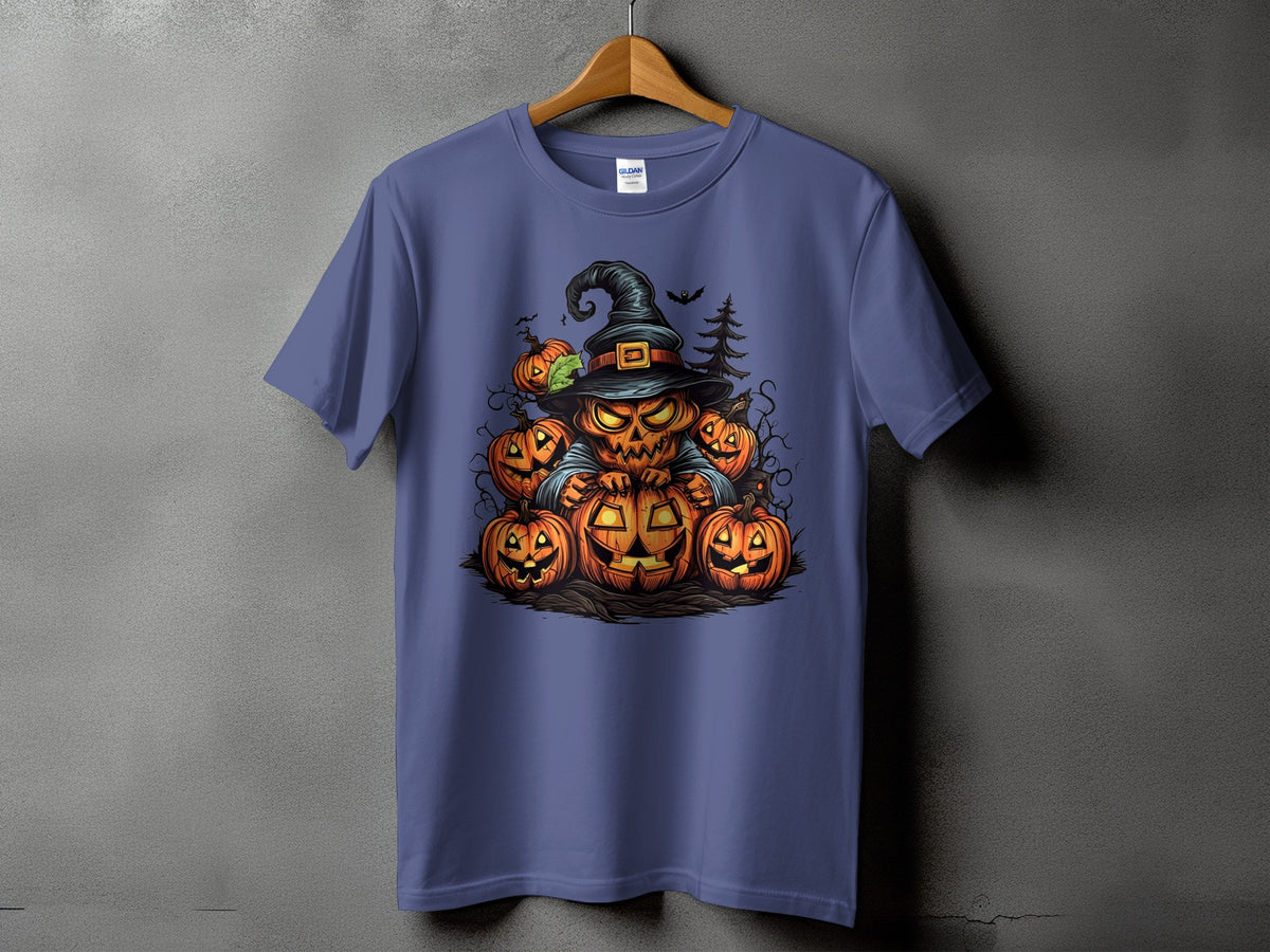 T-shirt with cartoon jack-o'-lantern wearing a witch hat and surrounding pumpkins.