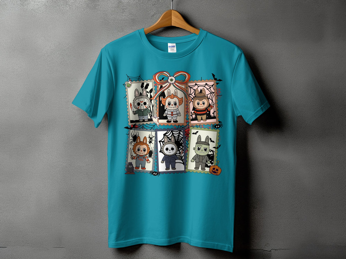 Teal t-shirt with six framed Halloween characters including Chucky, Pennywise, and Frankenstein.