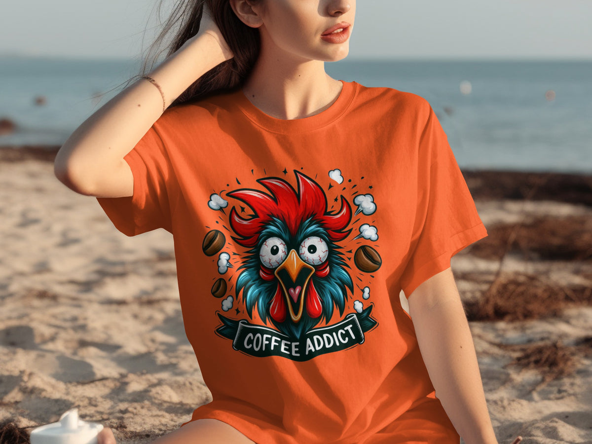 Vibrant Coffee Addict Rooster Graphic T-Shirt