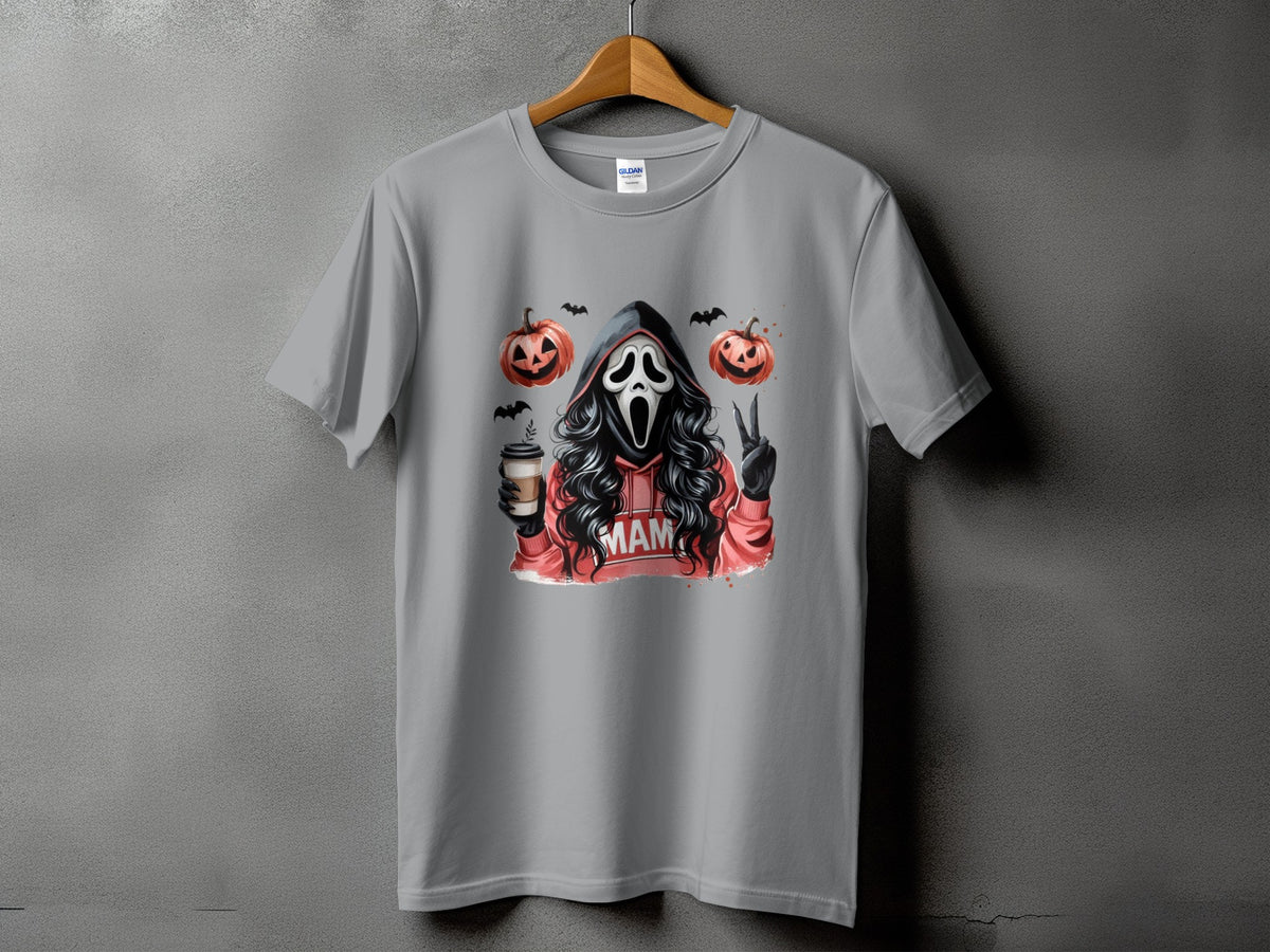 Ghostface holding coffee with pumpkins, bats, and "MAM" on hoodie.