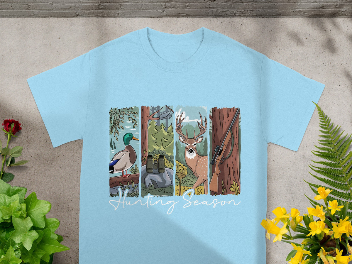 Light blue t-shirt with a four-panel hunting graphic and "Hunting Season" text.