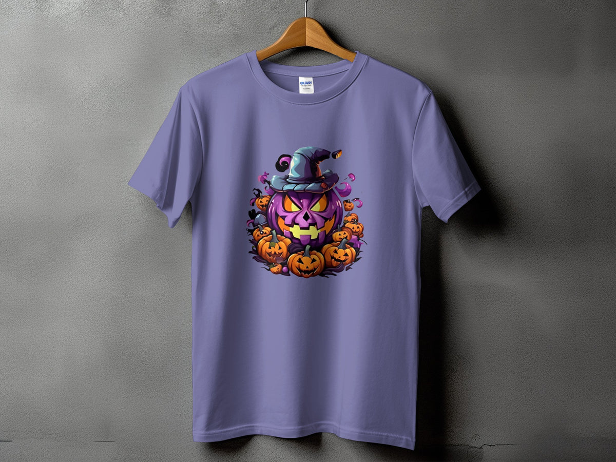 Purple t-shirt featuring a cartoon Halloween pumpkin with a witch hat and smaller pumpkins.