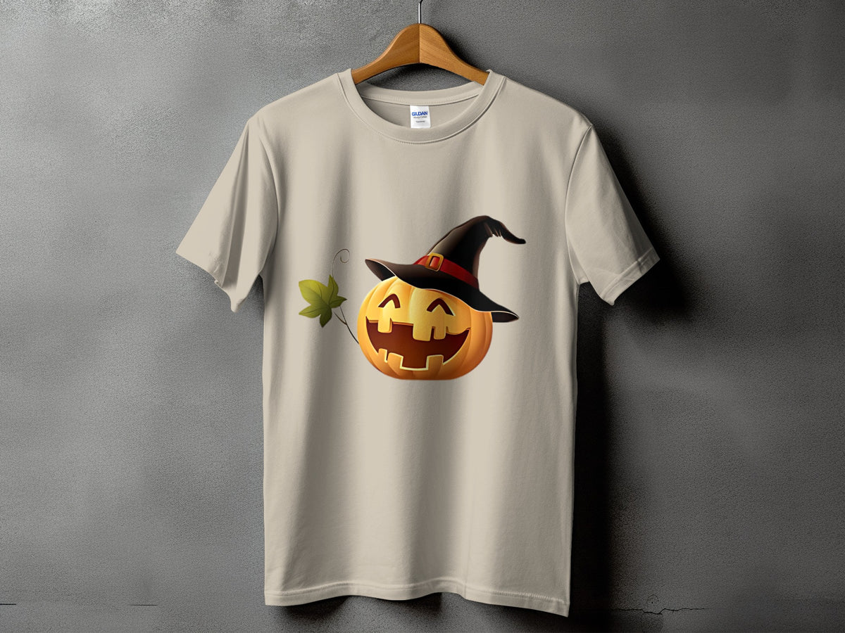 T-shirt with a smiling jack-o'-lantern wearing a witch's hat.