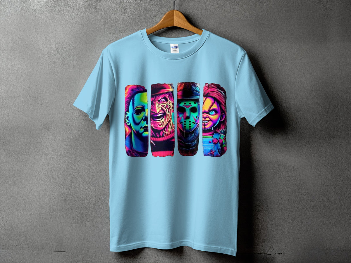 Light blue t-shirt with colorful abstract art of horror movie characters.