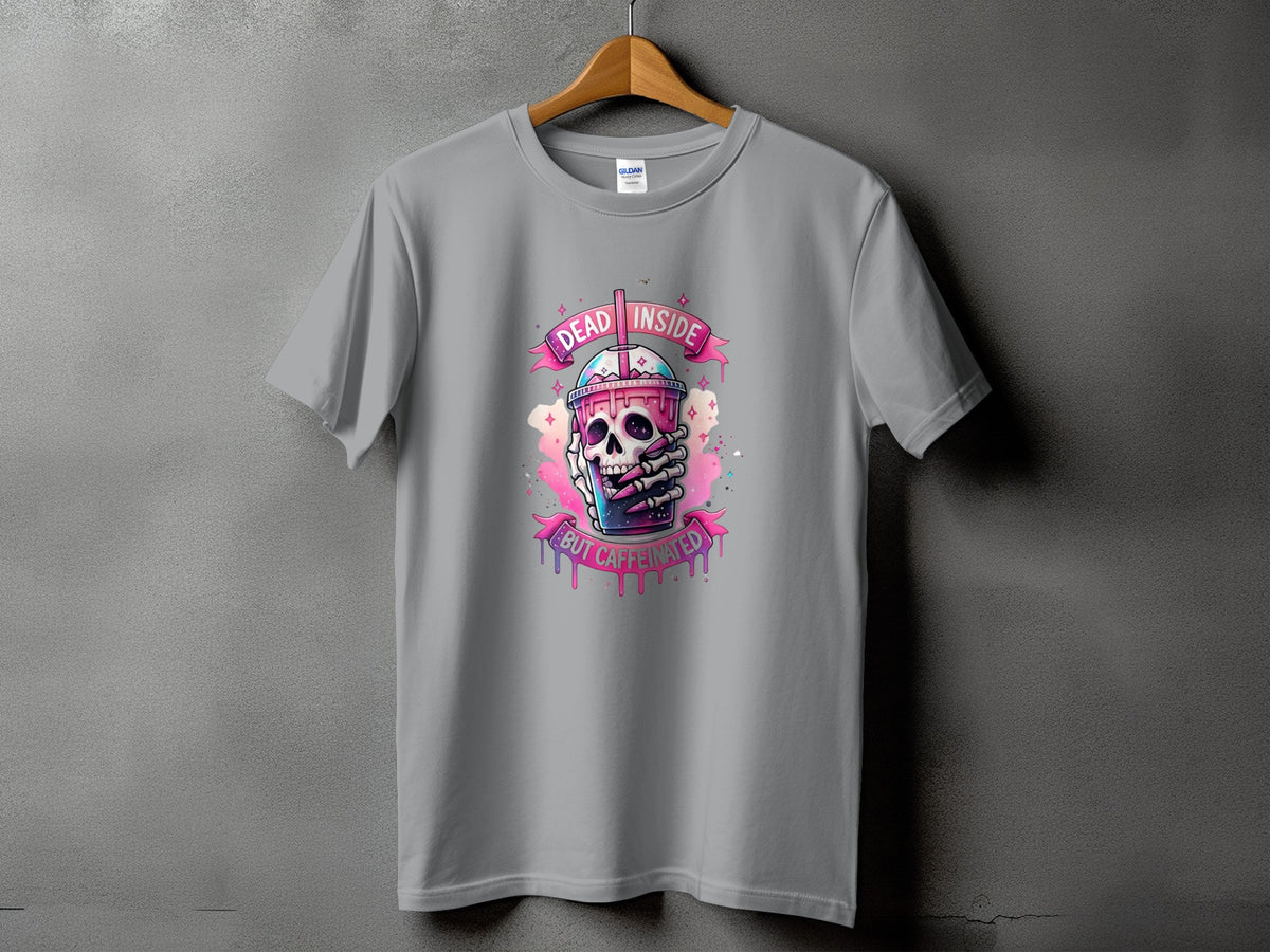Gray t-shirt with skull, pink drink, and text "Dead Inside But Caffeinated".