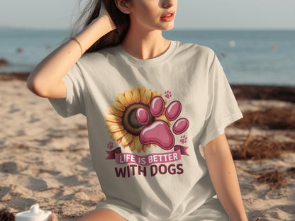 Life Is Better With Dogs Sunflower Paw Print T-Shirt