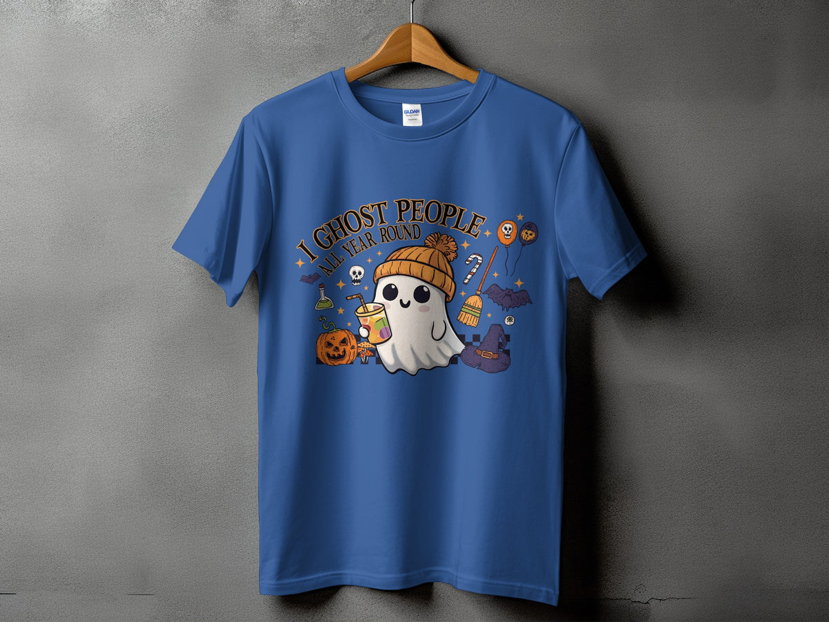 Blue t-shirt with a Halloween-themed graphic of a ghost and the text "I Ghost People All Year Round".