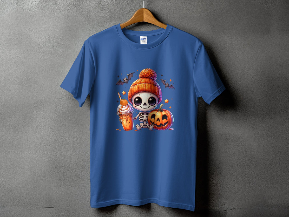 T-shirt with cute skeleton, pumpkin, and Halloween drink graphic.