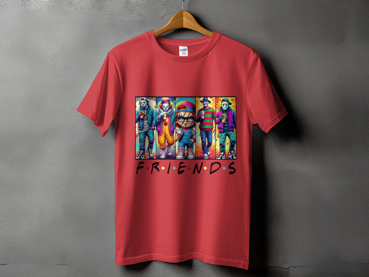 Red t-shirt with horror movie characters and "Friends" logo.