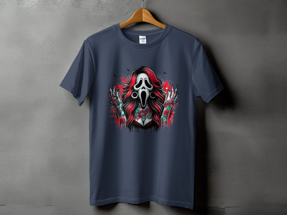 Ghostface mask graphic with red hair, roses, and tattoos on a dark blue t-shirt.