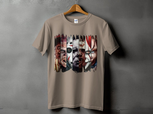 T-shirt with a montage of horror movie character faces.