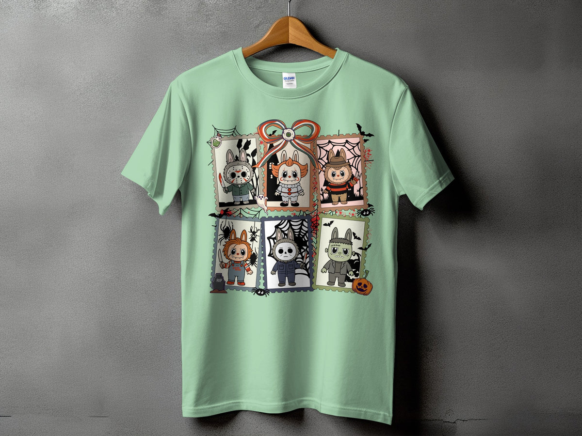 Light green t-shirt featuring six Halloween-themed cartoon characters in postage stamp frames.