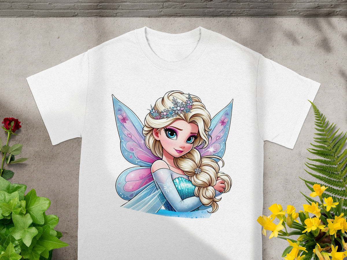 White t-shirt featuring a cartoon princess with blonde hair, blue eyes, and fairy wings.